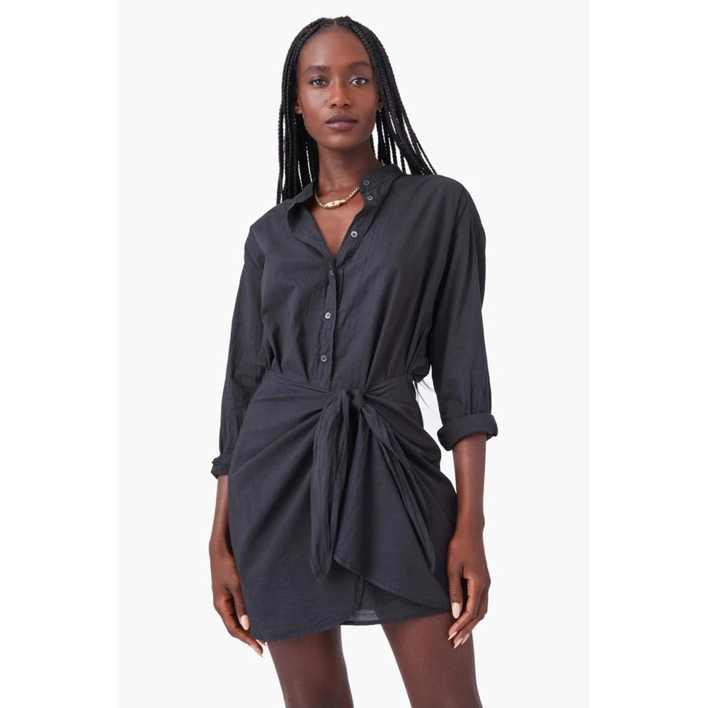 Xirena Arly Black Cotton Silk Tie Front Shirt Mini Dress XS